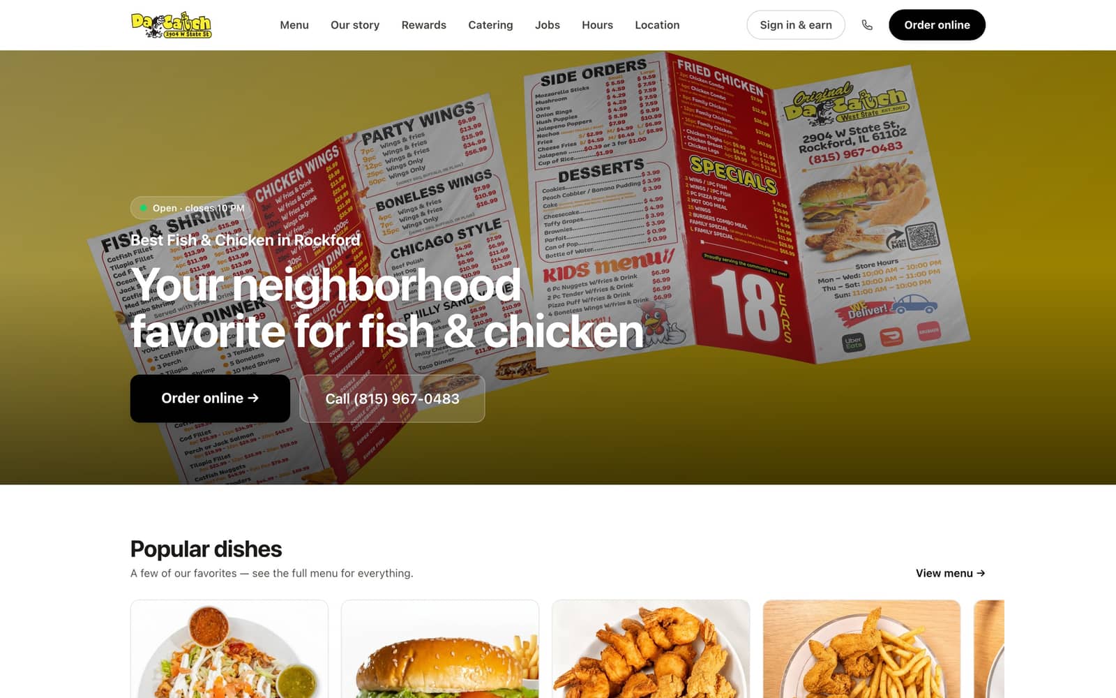 Da Catch W State's live restaurant website on MasOrder — brand hero, Order online button, and popular dishes