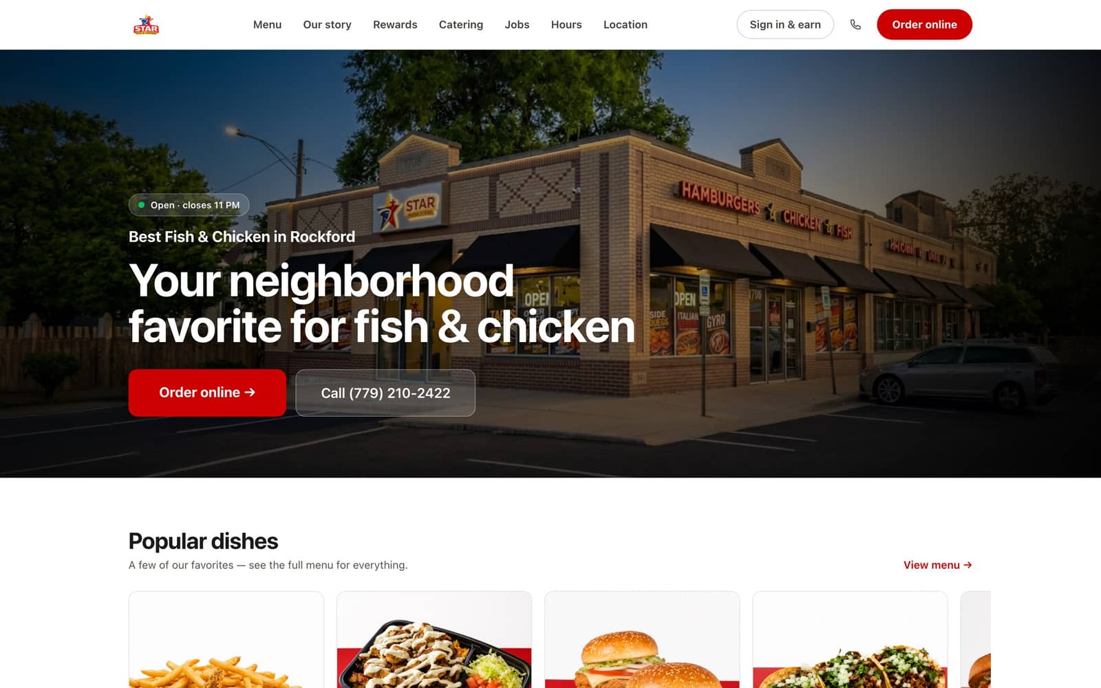 STAR Fish & Chicken's live website on MasOrder — storefront hero with Menu, Story, Rewards, Catering, Jobs, and Hours pages in the navigation