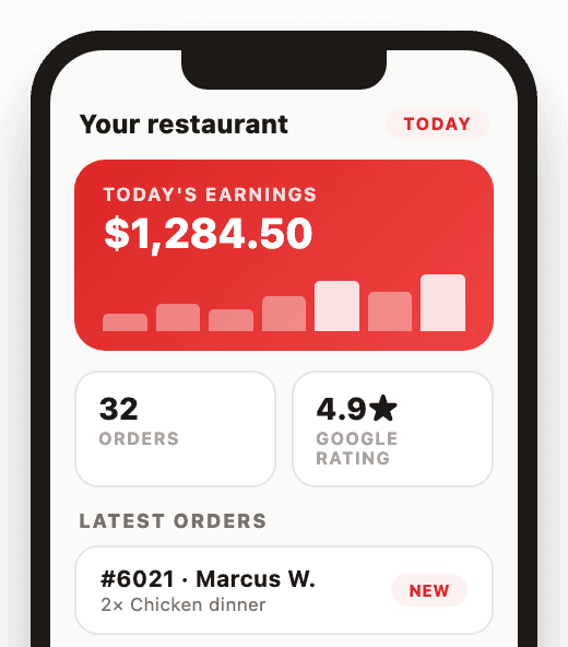 The MasOrder owner app home screen with today’s earnings, an order count, a Google rating and the latest order, shown with sample numbers