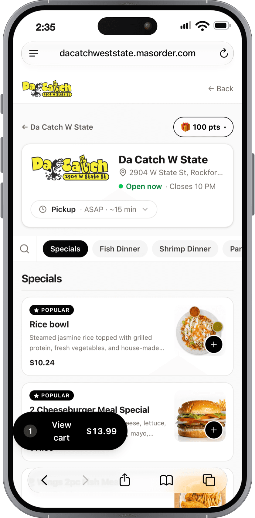 Da Catch W State's live MasOrder ordering page on an iPhone: open now, pickup in about 15 minutes, menu specials and rewards