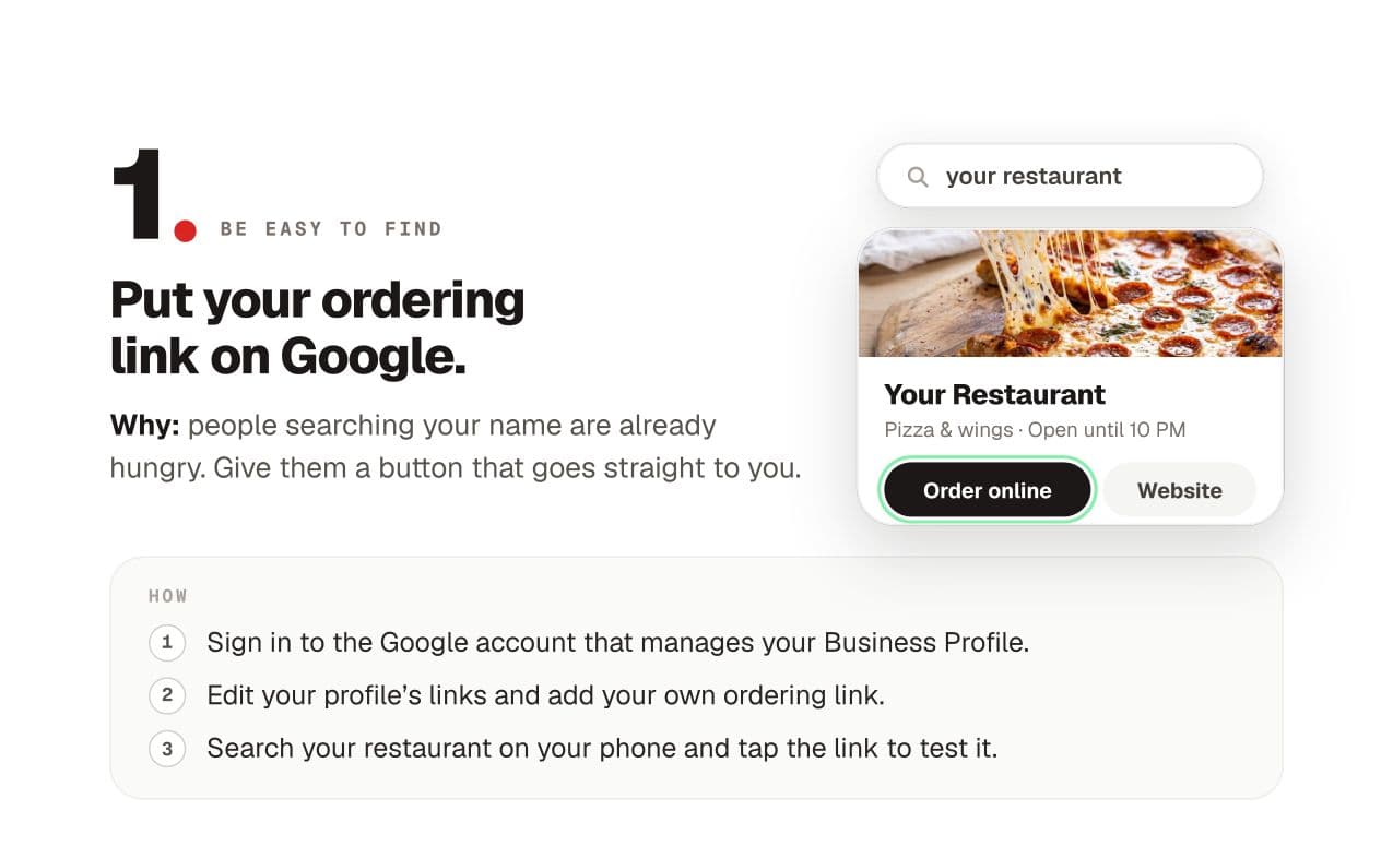 A page from the guide: put your ordering link on Google.