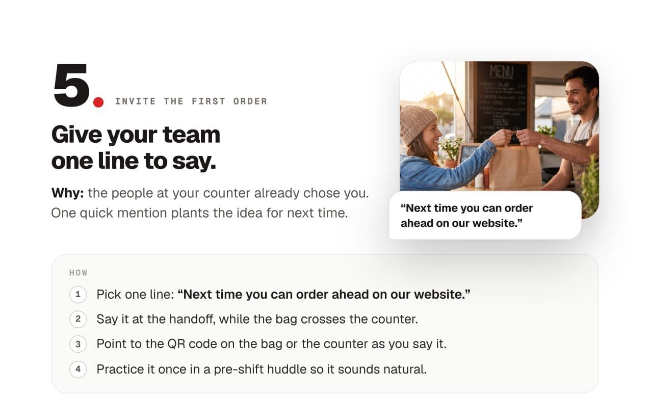 A page from the guide: give your team one line to say.