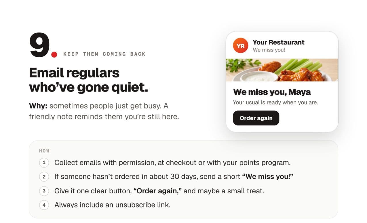 A page from the guide: email regulars who’ve gone quiet.
