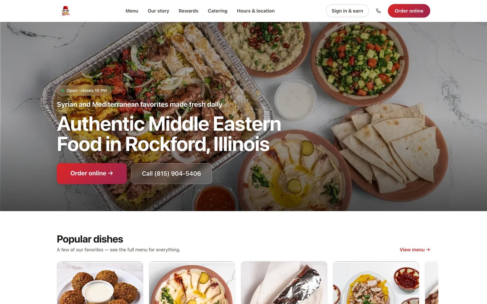 Yasmeen Al Sham Restaurant’s ordering website on MasOrder: the restaurant’s logo and menu navigation, a Sign in and earn rewards button, an Order online button, and a photo of Middle Eastern dishes